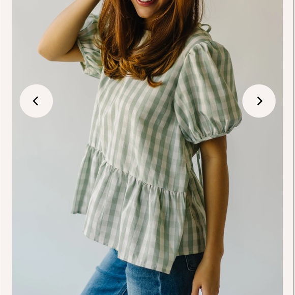 Gingham Puff Sleeve Blouse in Sage - Picture 2 of 8